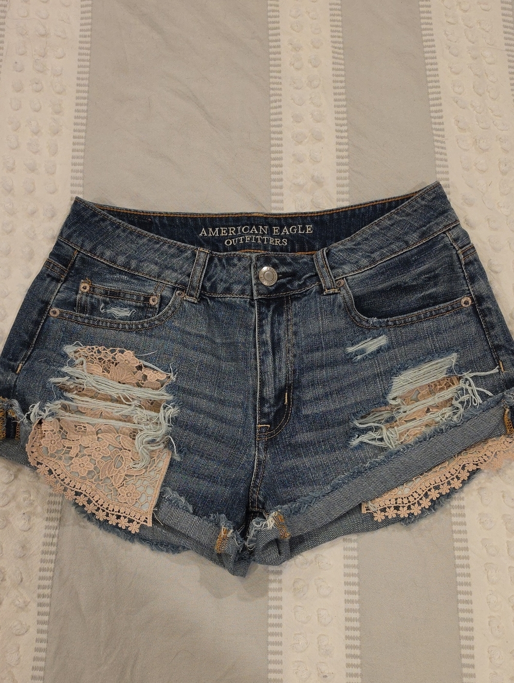 American Eagle Outfitters Distressed Blue Denim Shorts with Beige Lace Insets